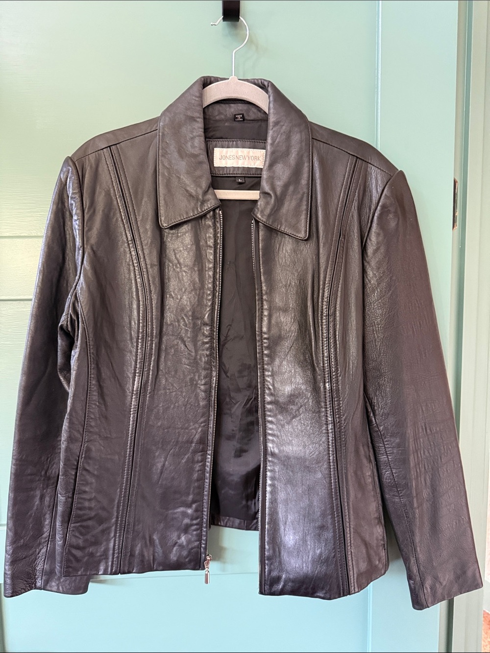 Jones New York Black Leather Zip-Front Jacket